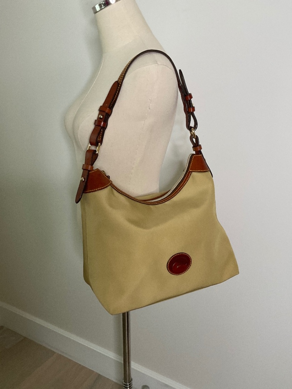 Dooney & Bourke Classic Brown Nylon Hobo Purse Vachetta Leather